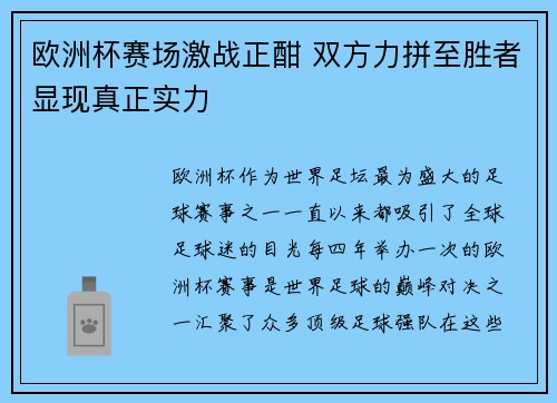 欧洲杯赛场激战正酣 双方力拼至胜者显现真正实力