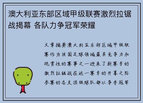 澳大利亚东部区域甲级联赛激烈拉锯战揭幕 各队力争冠军荣耀